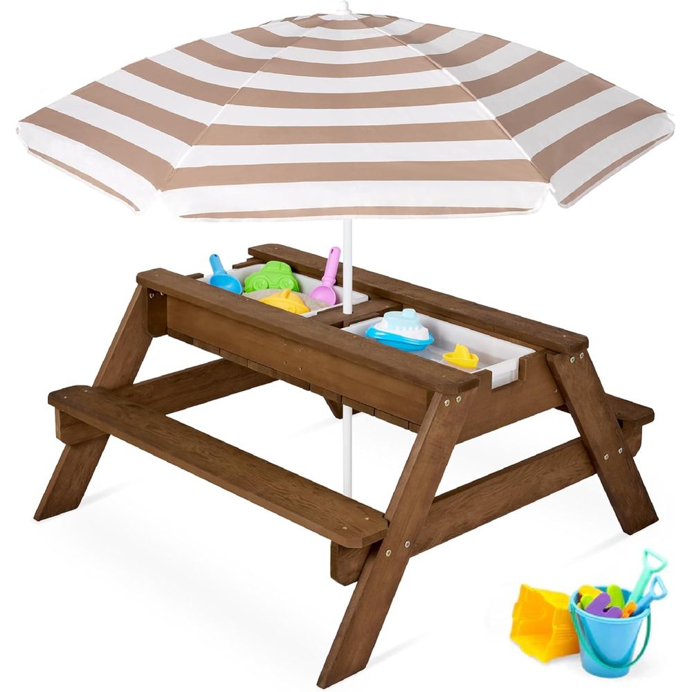 Kids Outdoor Water Table - 어린이용 피크닉 테이블(우산 포함), 3-in-1 모래놀이&물놀이