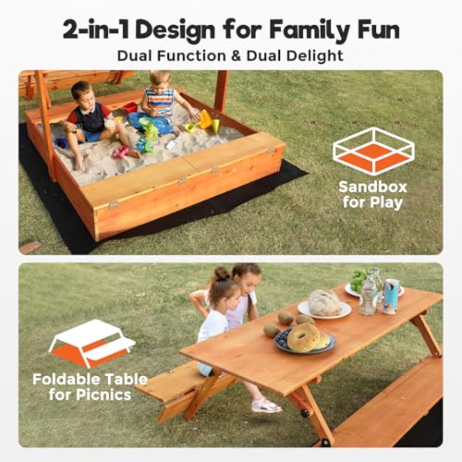 뒷마당 야외용 어린이 나무 모래놀이터, 피크닉 테이블  - Kids Outdoor Sandbox 리뷰 및 가격