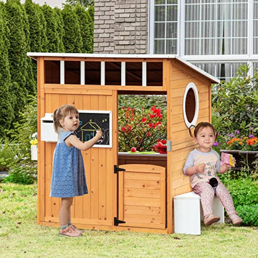야외용 어린이 목재 놀이집 (작동하는 문, 노란색 마감 - Kids Outdoor Wooden Playhouse 리뷰 및 가격